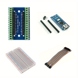 4 in 1 Mini Nano V3.0 ATmega328P for Arduino Micro Controller Board Module with 10pcsDupont Line and 1pc 400-Point Board + Nano V3.0 Expansion I/O Shield Board Breakout Screw Terminal Adapter