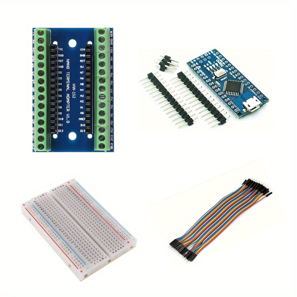 4 in 1 Mini Nano V3.0 ATmega328P for Arduino Micro Controller Board Module with 10pcsDupont Line and 1pc 400-Point Board + Nano V3.0 Expansion I/O Shield Board Breakout Screw Terminal Adapter